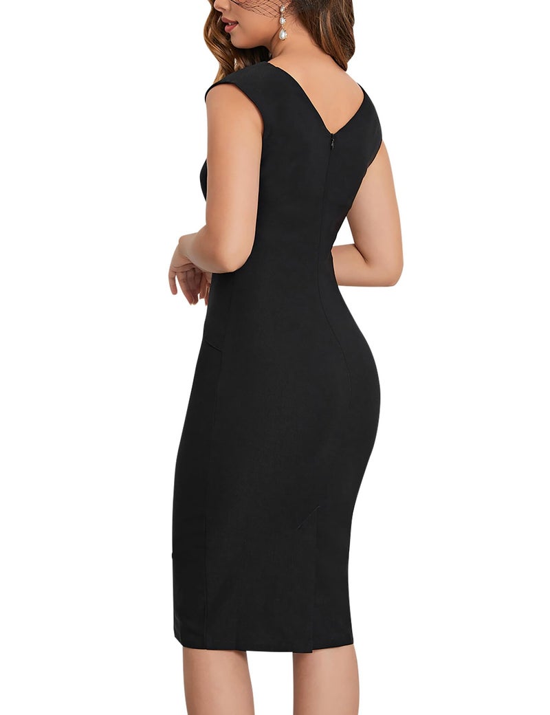 MUXXN Dresses for Women, Retro V Neck Style, Sleeveless Slim Pencil Business Dress, Suitable for Business, Office, Formal Wearing Black S - Image 2